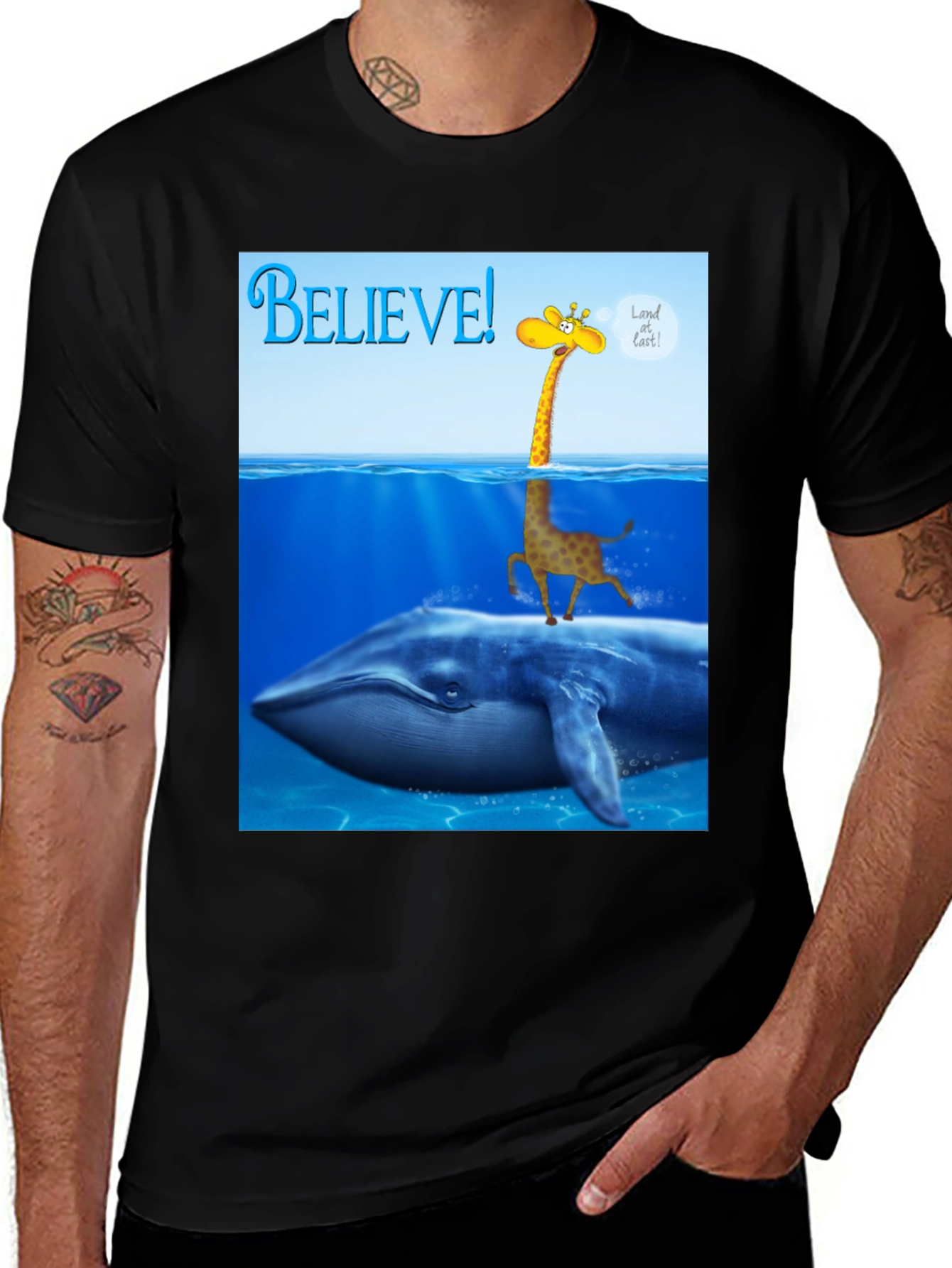 Believe! Giraffe Riding Whale T-Shirt
