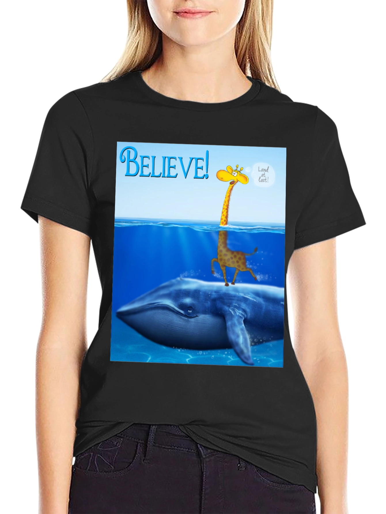 Believe! Giraffe Riding Whale T-Shirt