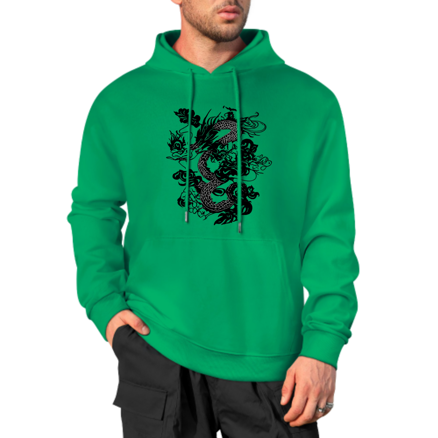 Dragon Graphic Hoodie, Bold Black Ink Dragon Design Sweatshirt, Cream Color Hoodie, Asian-Inspired Artwork, Unisex Casual Wear