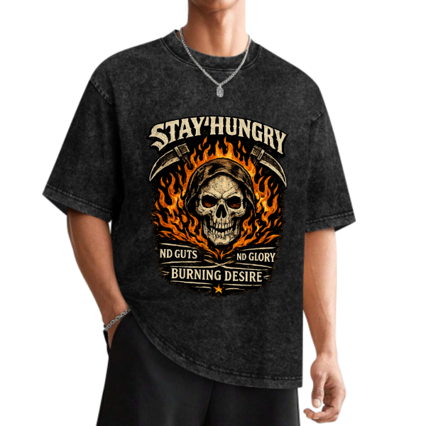 STAY HUNGRY Skull Flame Graphic Vintage Washed T-Shirt – Burning Desire Gothic Streetwear Tee