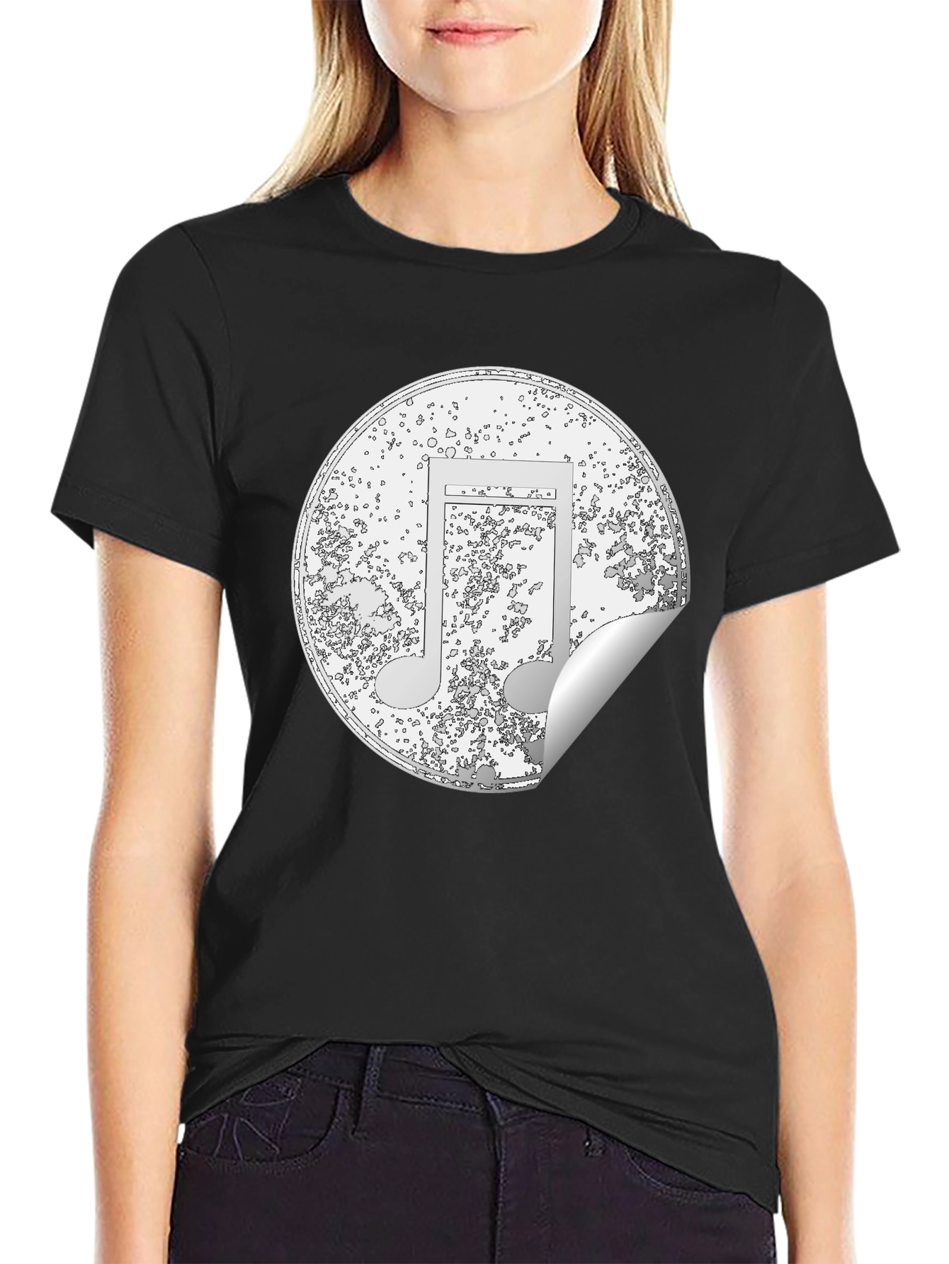 Music Note Sticker Style Black T-Shirt