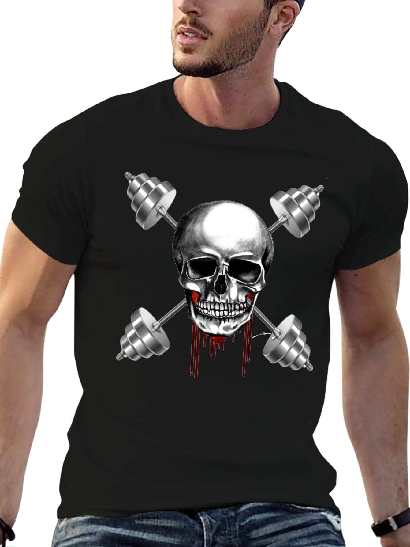 Skull & Dumbbell Graphic Tee - Gym Motivation