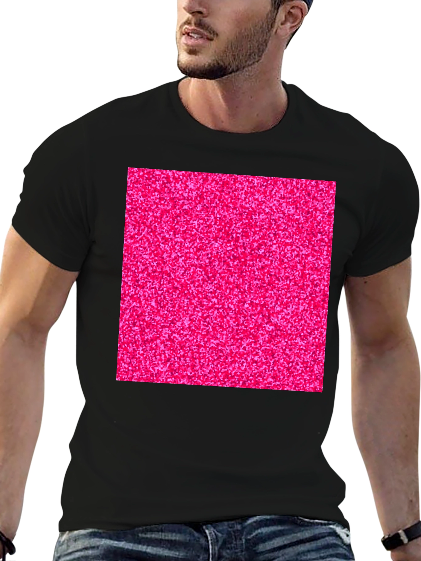 Bold Pink Glitter Graphic Black T-Shirt