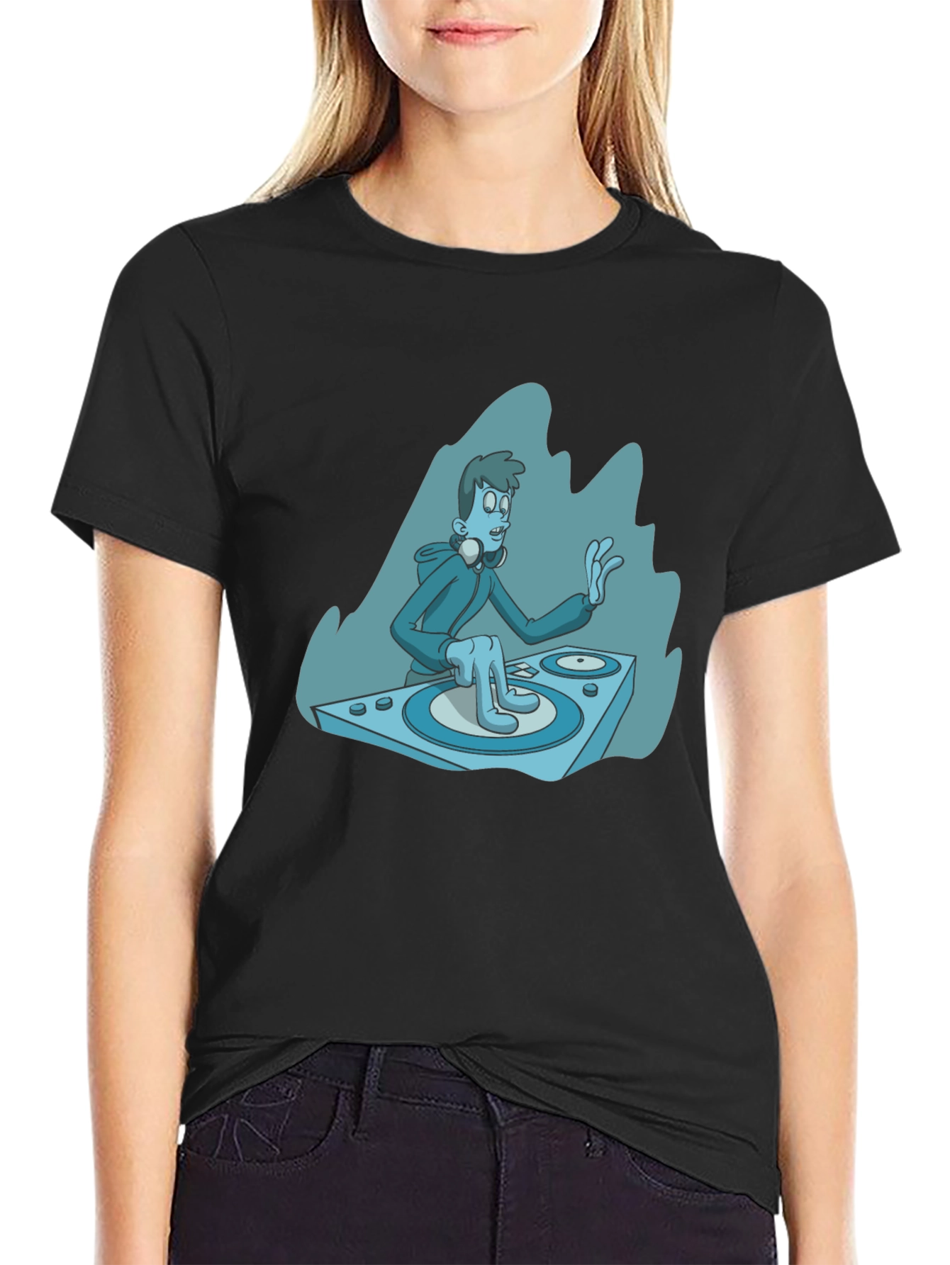 DJ Cartoon Graphic Tee - Black Cotton Blend