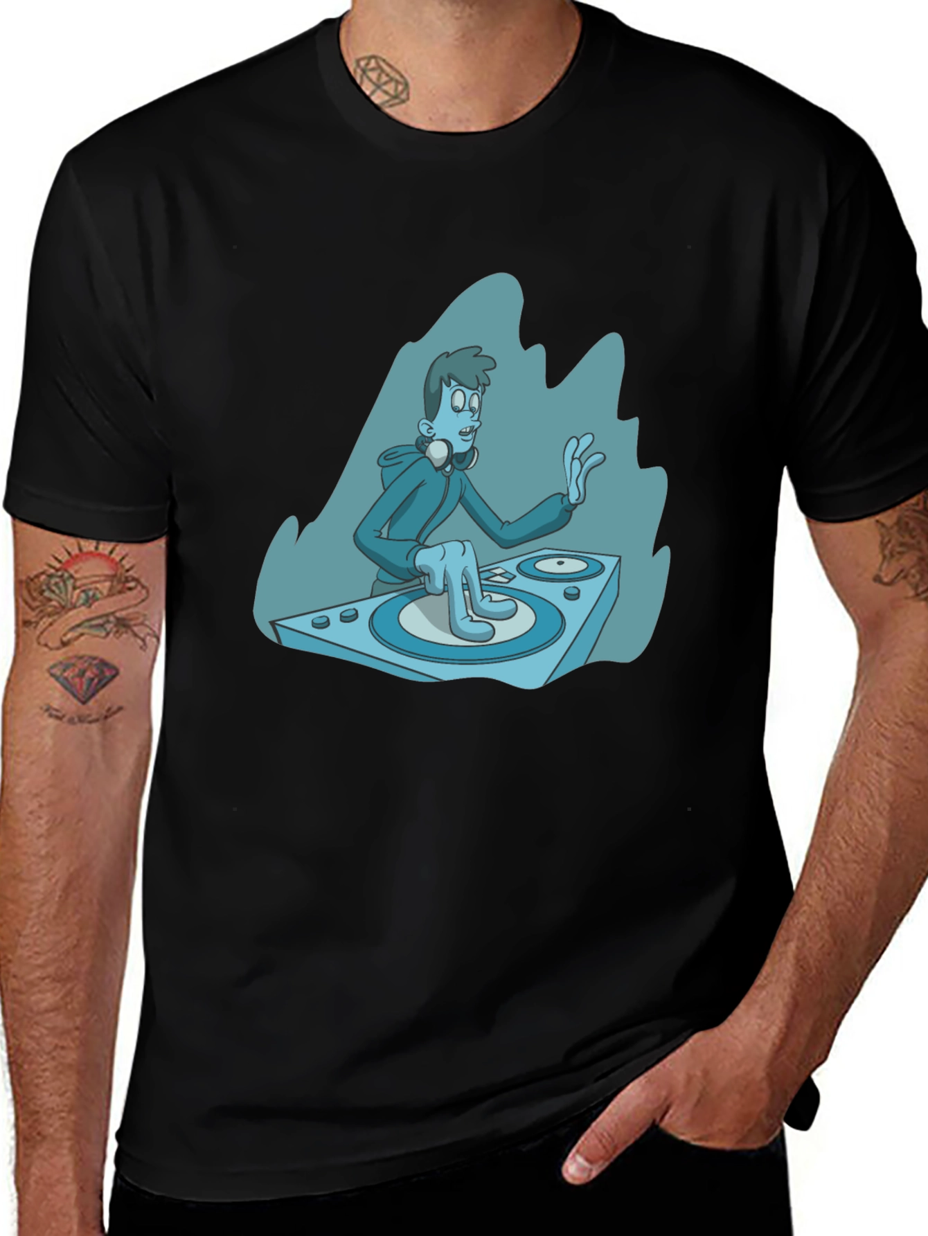 DJ Cartoon Graphic Tee - Black Cotton Blend