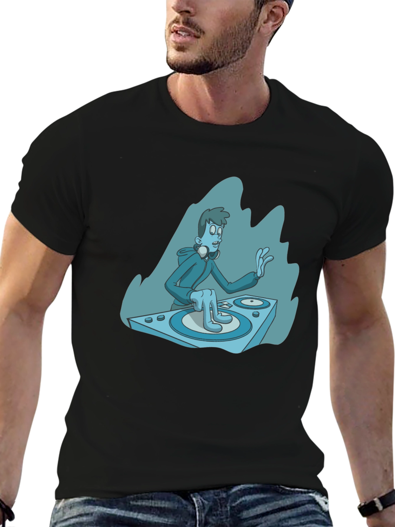 DJ Cartoon Graphic Tee - Black Cotton Blend