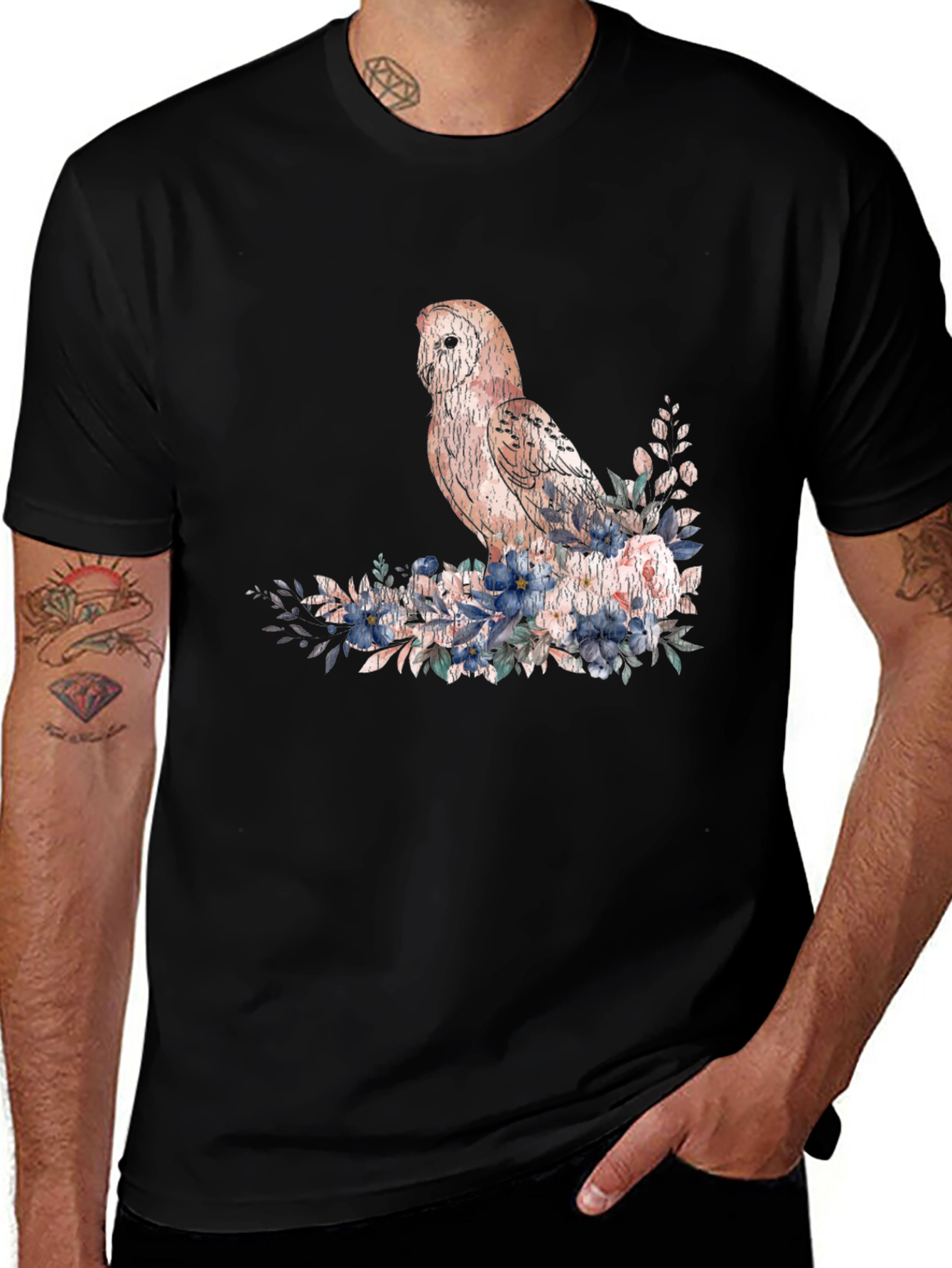 Owl and Floral T-Shirt - Black