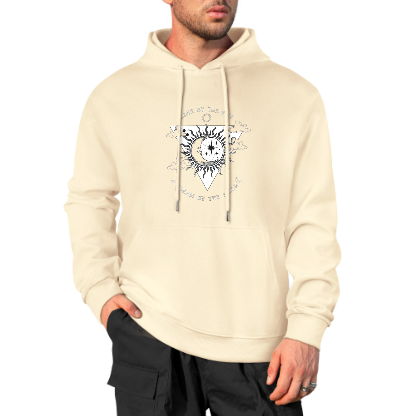 Sun & Moon Graphic Hoodie, Cosmic Balance Sweatshirt, Black Hoodie with Spiritual Design, Unisex Casual Wear, Trendy Hoodie for Dreamers