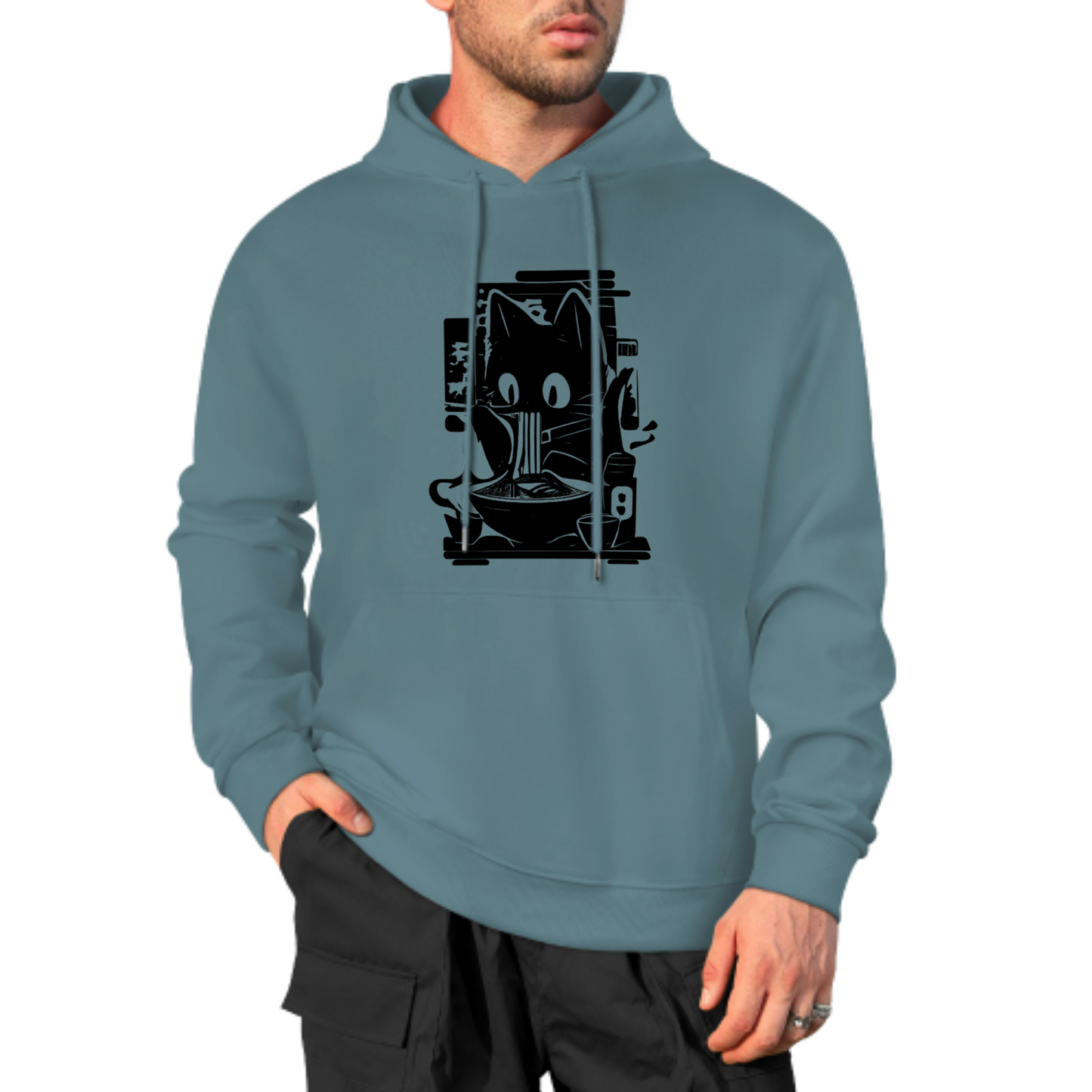 Cute Cat Eating Noodles Hoodie, Fun and Quirky Graphic Sweatshirt, Yellow Hoodie for Cat Lovers, Comfortable & Trendy Casual Wear, Unisex Design