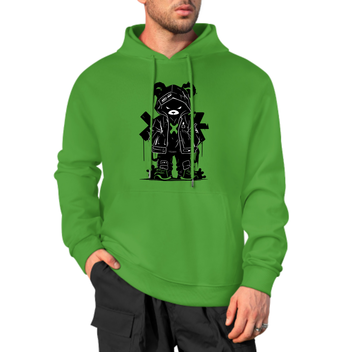 Streetwear Bear Graphic Hoodie, Red Jacket Bear Design Sweatshirt, Trendy Casual Hoodie for Urban Fashion, Unisex Cool Bear Artwork Hoodie