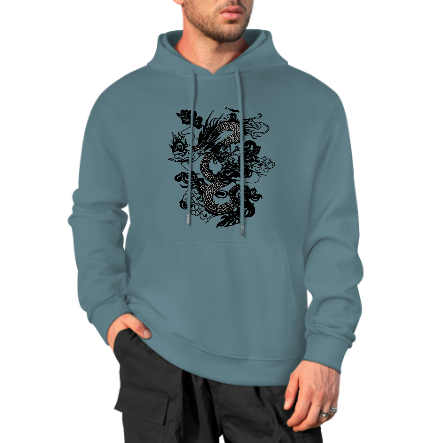 Dragon Graphic Hoodie, Bold Black Ink Dragon Design Sweatshirt, Cream Color Hoodie, Asian-Inspired Artwork, Unisex Casual Wear