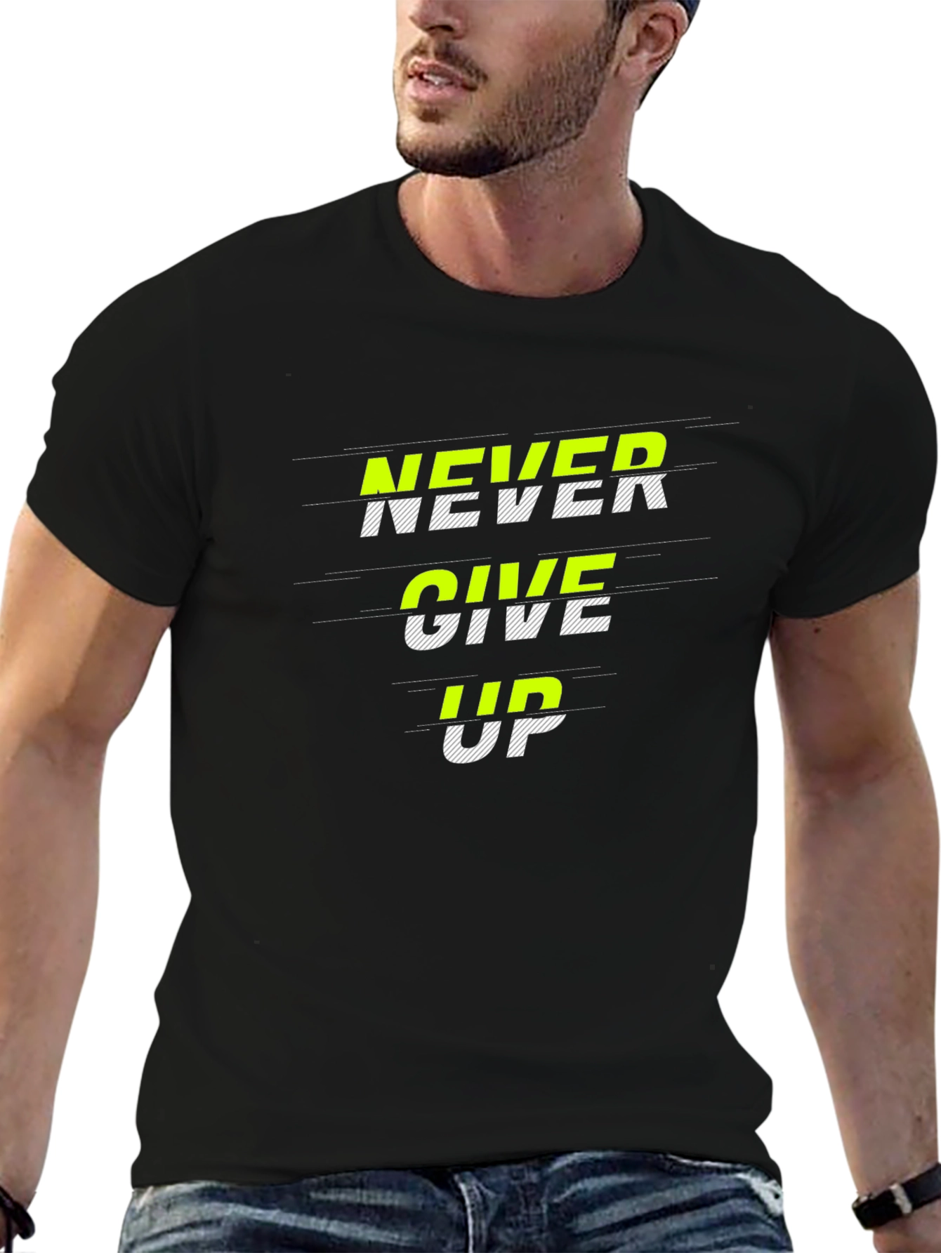 Never Give Up Graphic Print Black T-Shirt