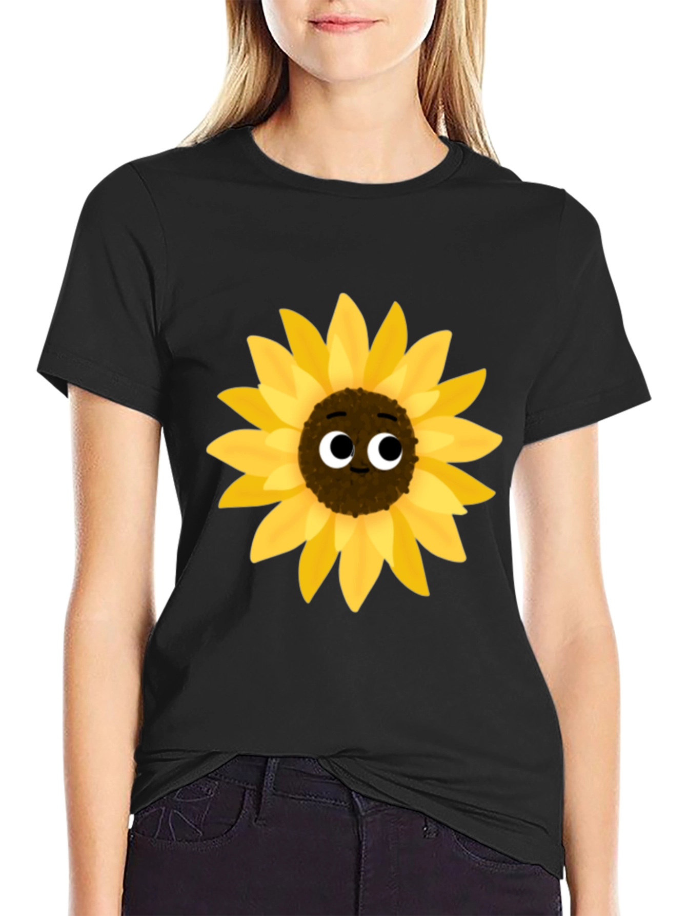 Sunflower Cartoon Graphic Black T-Shirt