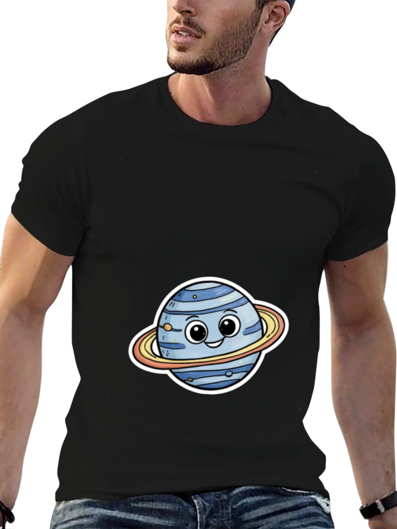 Cute Planet Cartoon Graphic Tee - Black
