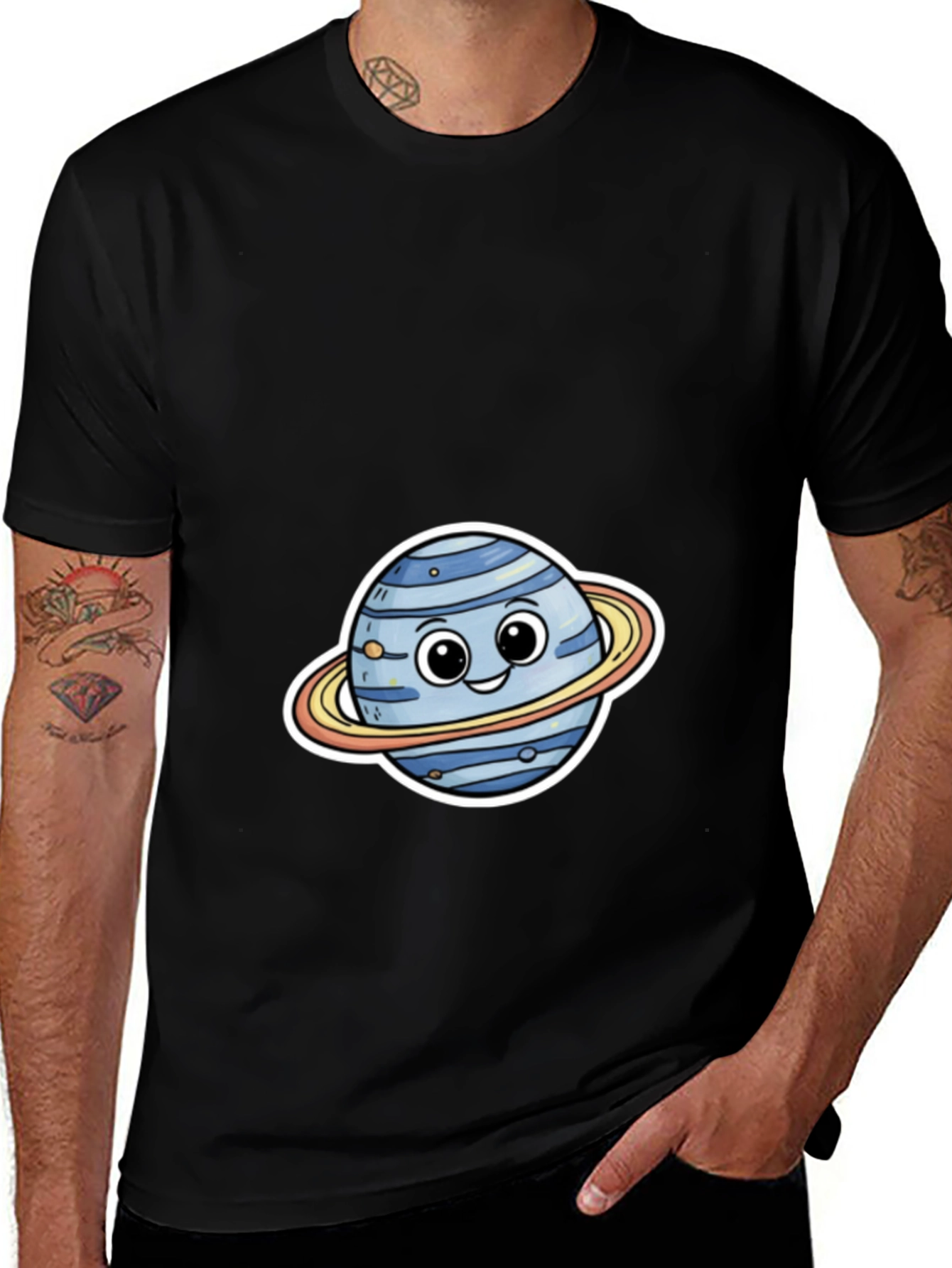 Cute Planet Cartoon Graphic Tee - Black