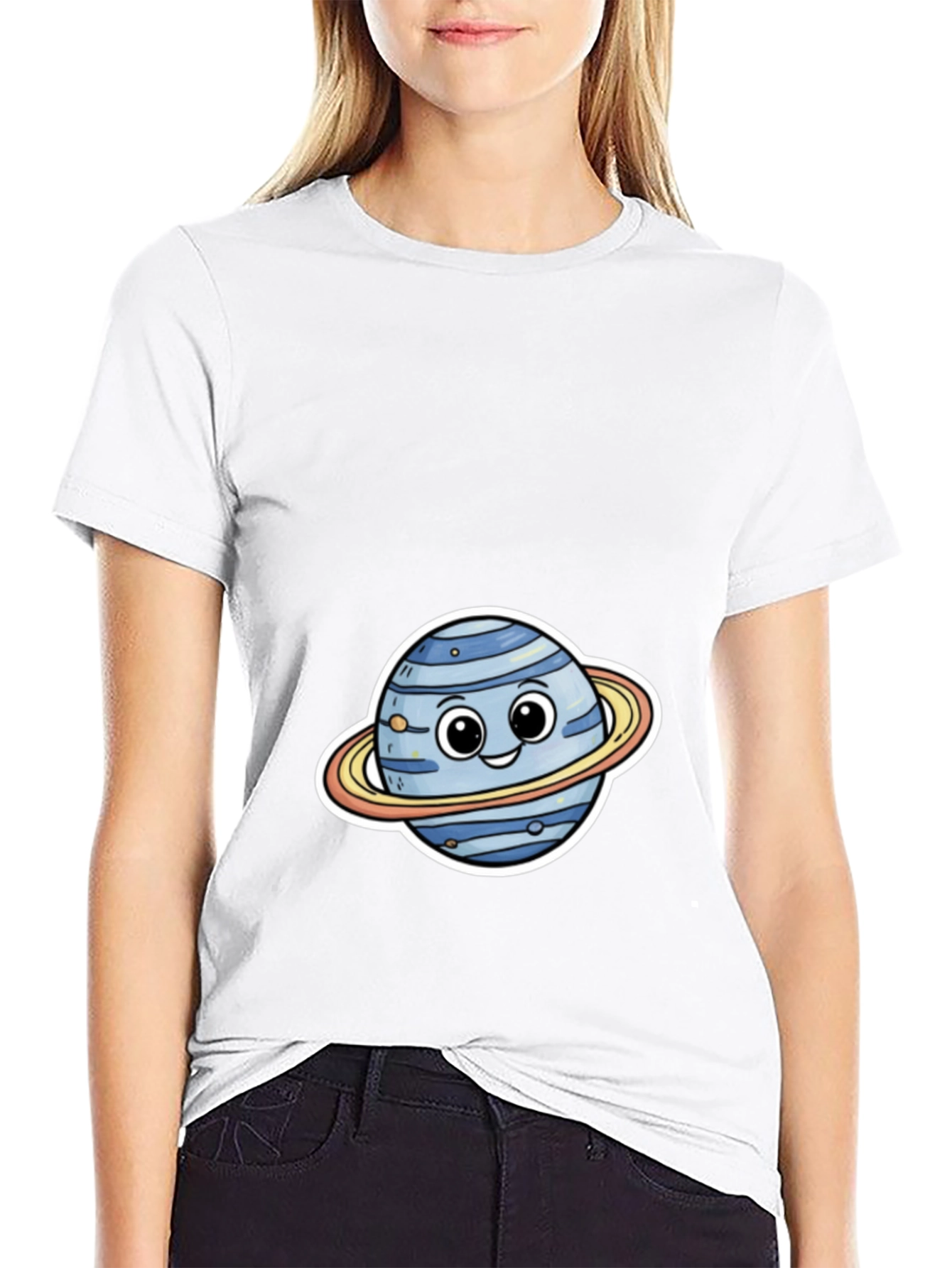 Cute Planet Cartoon Graphic Tee - Black