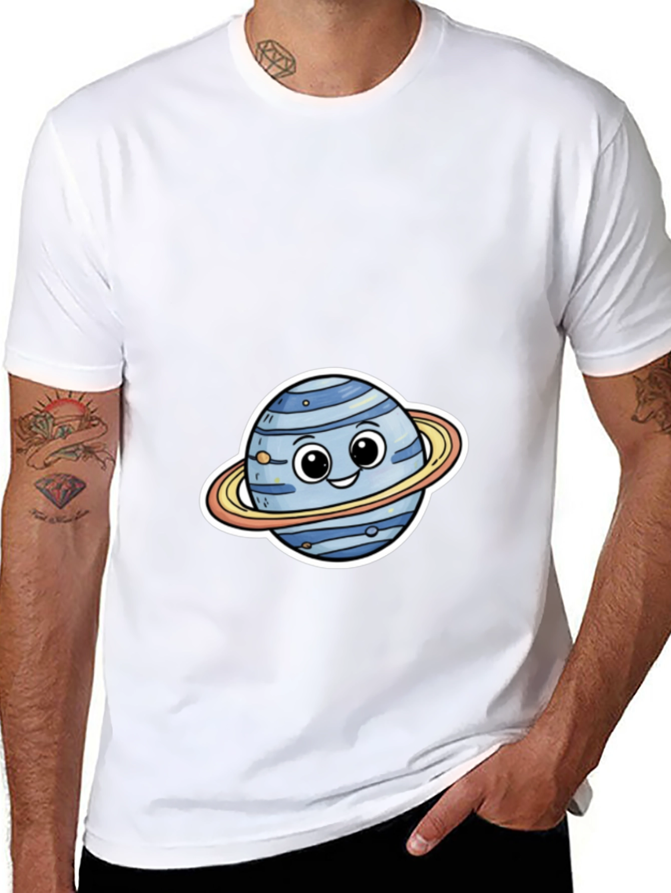 Cute Planet Cartoon Graphic Tee - Black