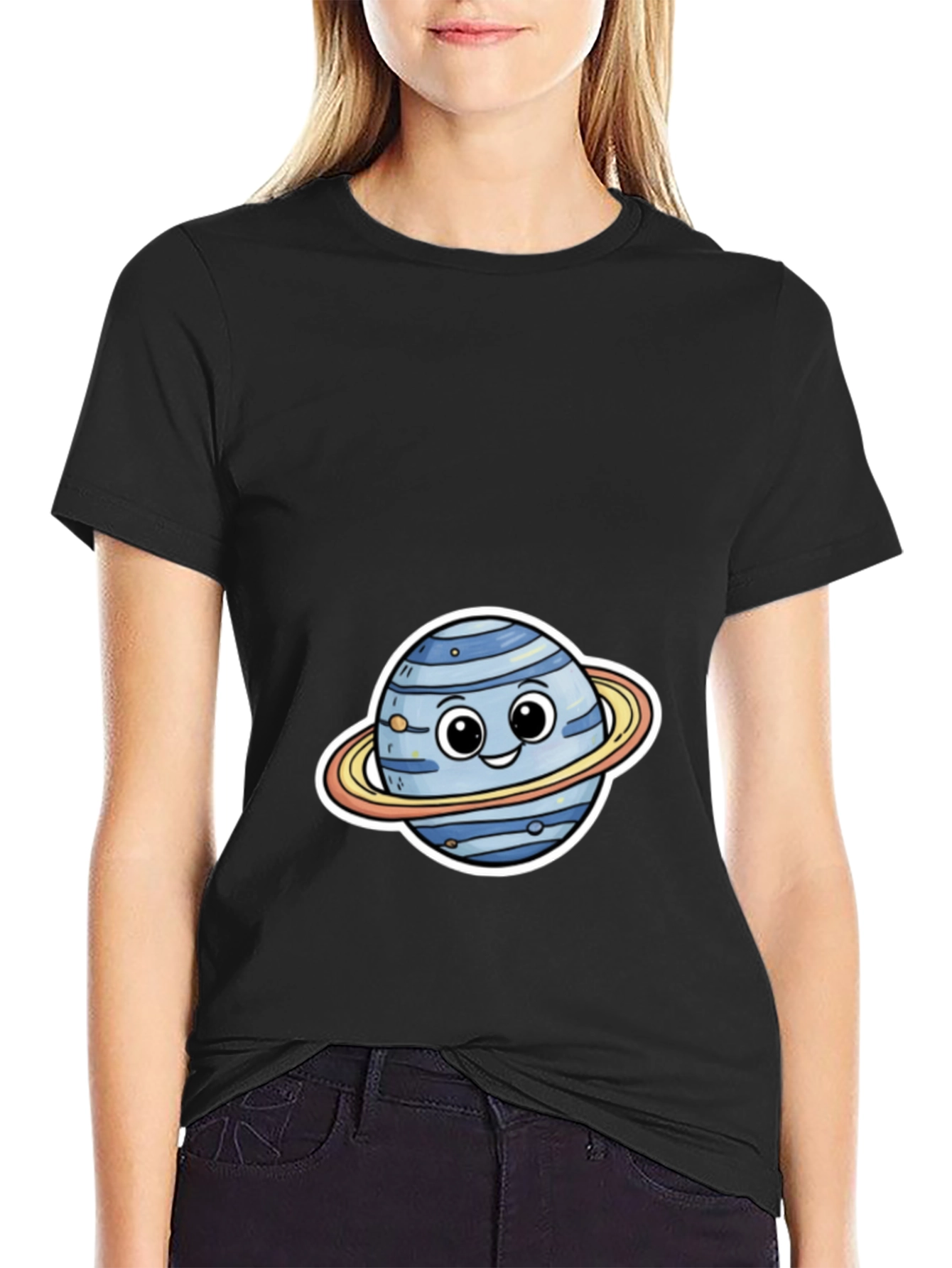 Cute Planet Cartoon Graphic Tee - Black