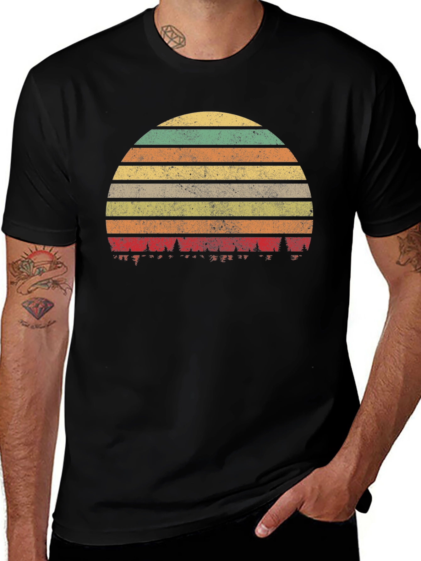 Retro Sunset Forest T-Shirt - Black