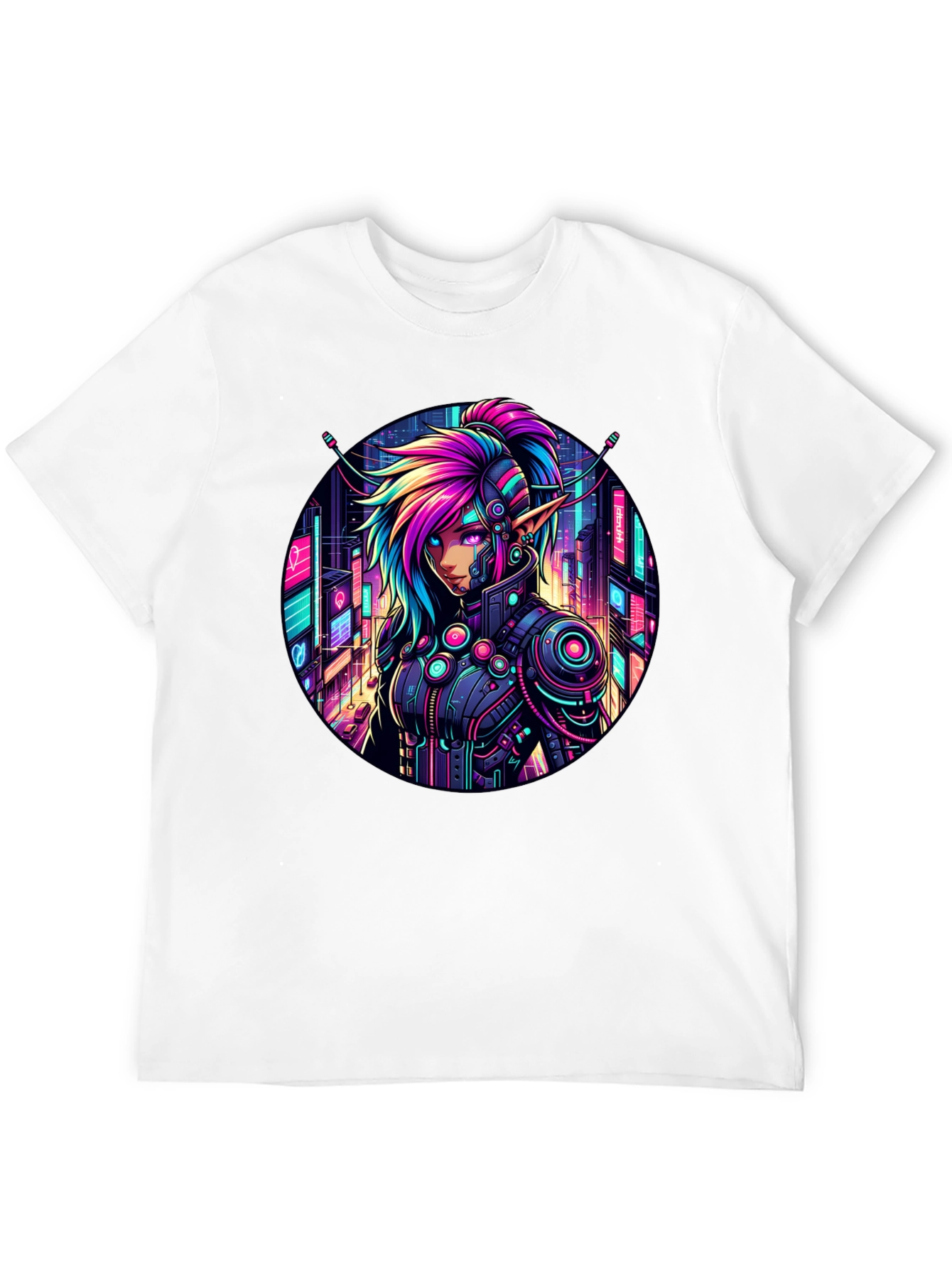 Cyberpunk Elf T-Shirt: Neon Cityscape Graphic Tee