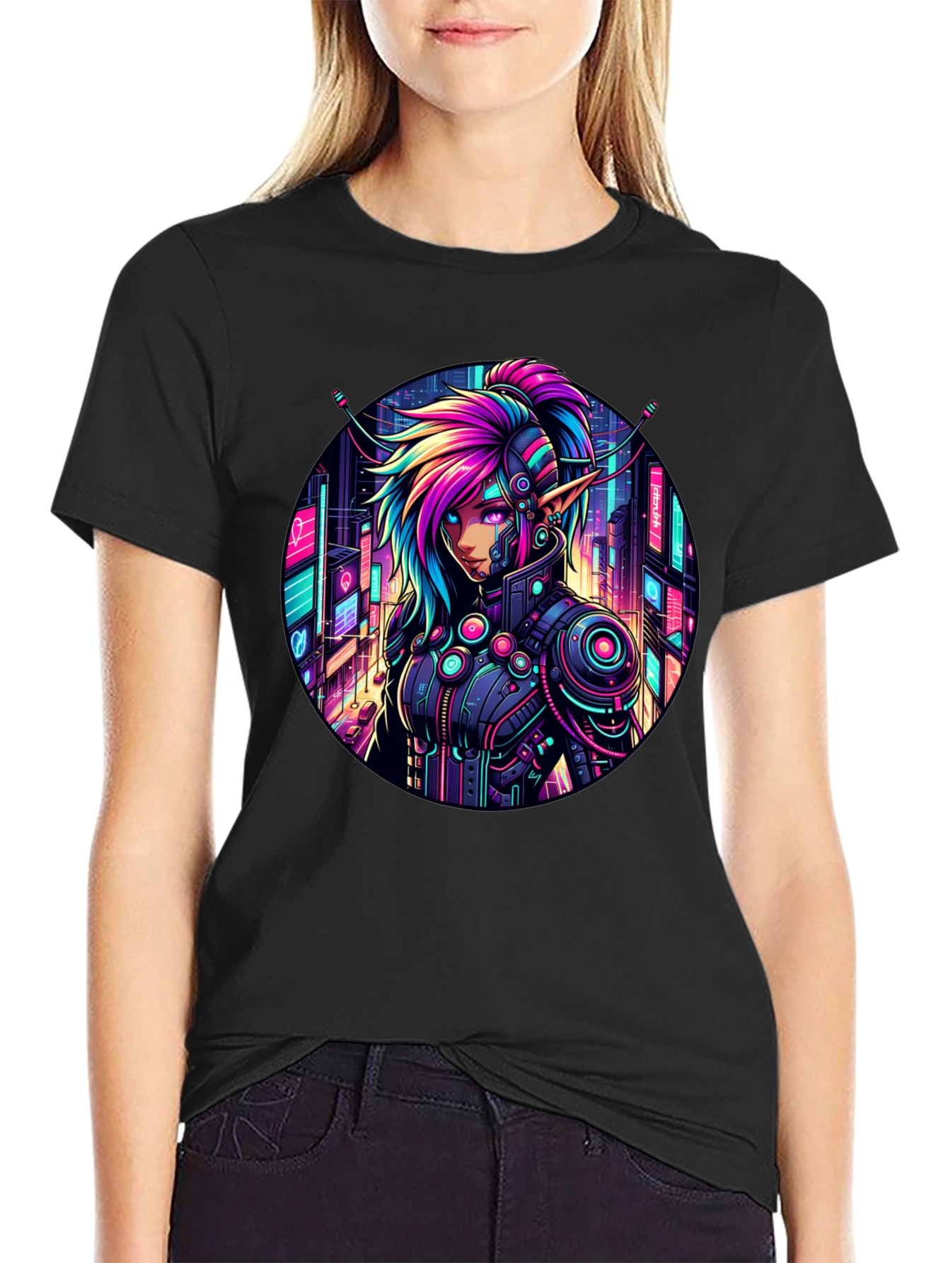 Cyberpunk Elf T-Shirt: Neon Cityscape Graphic Tee