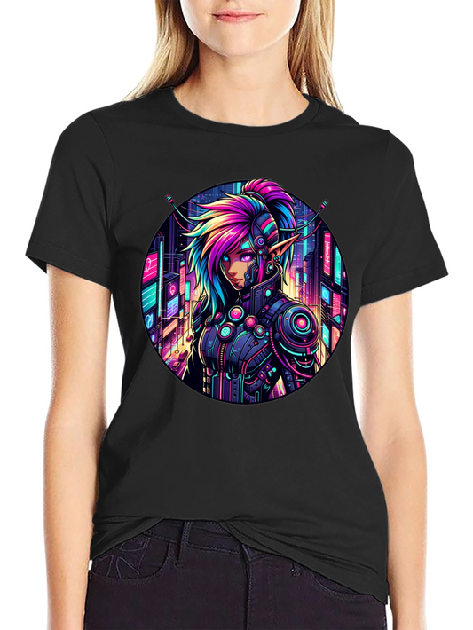 Cyberpunk Elf T-Shirt: Neon Cityscape Graphic Tee