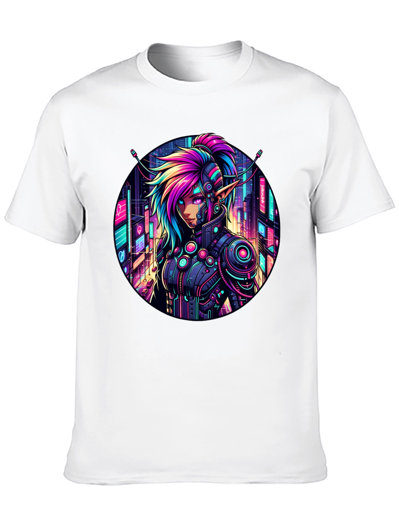 Cyberpunk Elf T-Shirt: Neon Cityscape Graphic Tee
