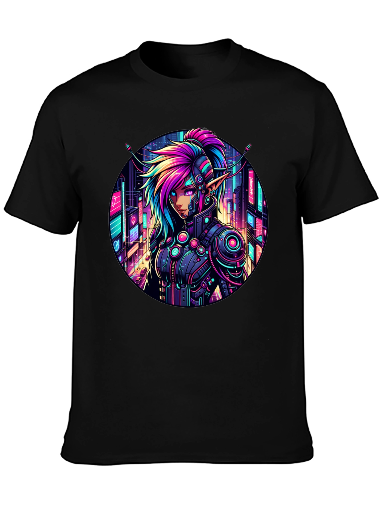 Cyberpunk Elf T-Shirt: Neon Cityscape Graphic Tee