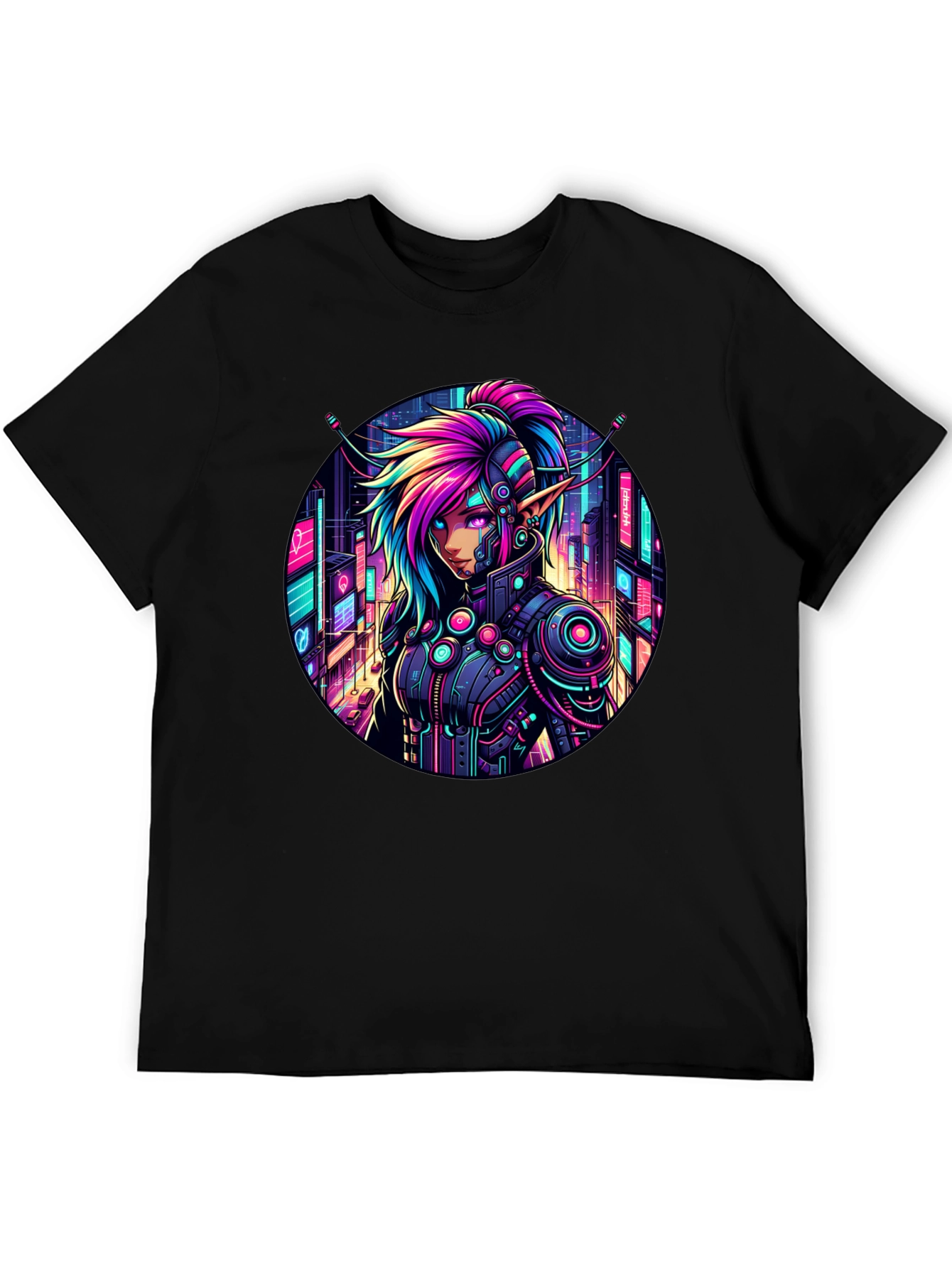 Cyberpunk Elf T-Shirt: Neon Cityscape Graphic Tee