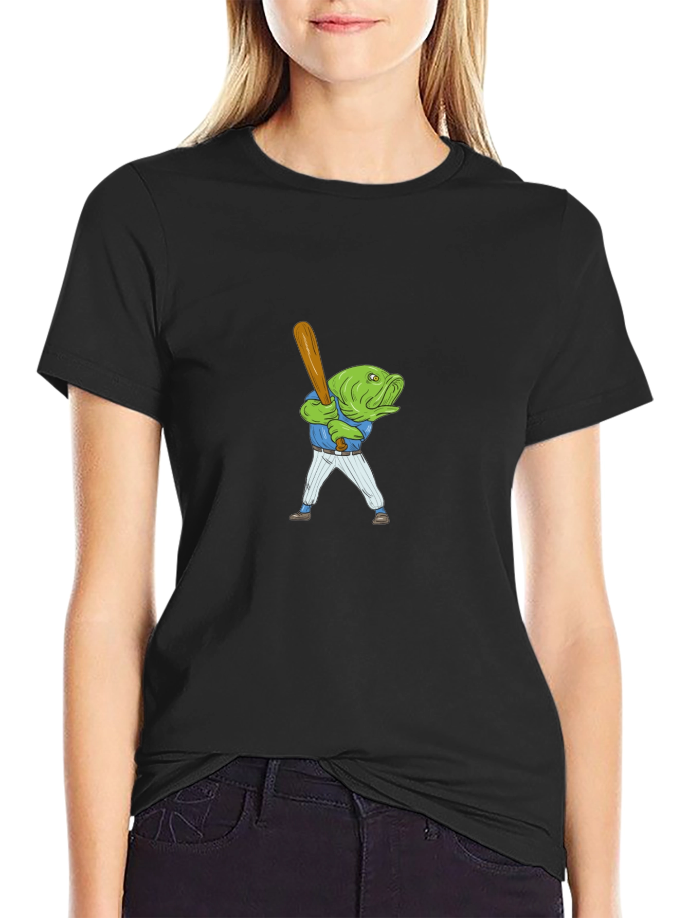 Fish Baseball Player Black T-Shirt