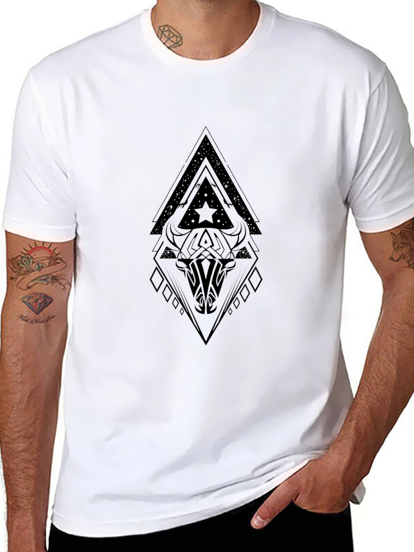 Geometric Bull Skull Graphic Black T-Shirt