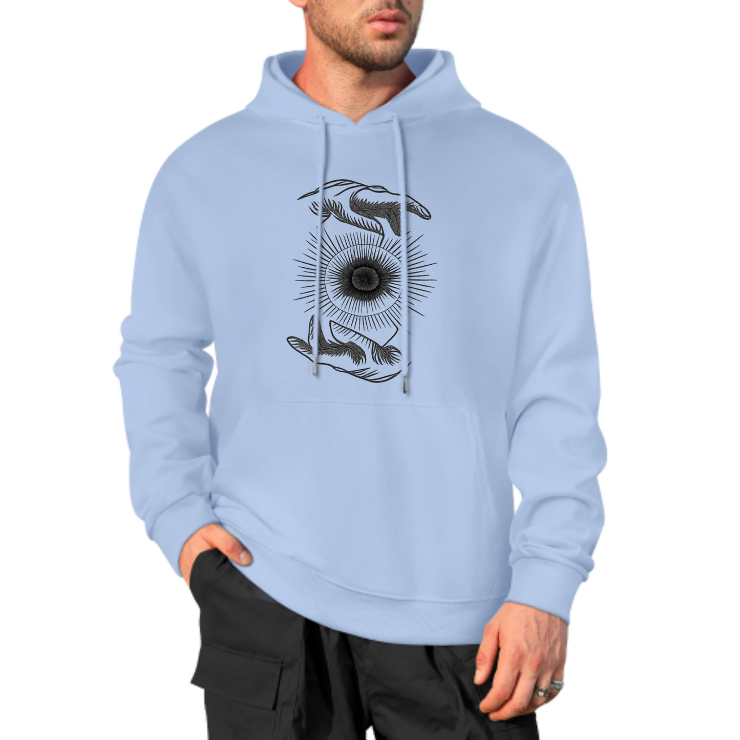 Cosmic Hands Hoodie, Mystical Sun Graphic Sweatshirt, Red Hoodie for Spiritual Vibes, Unisex Casual Wear, Trendy Hoodie with Unique Design