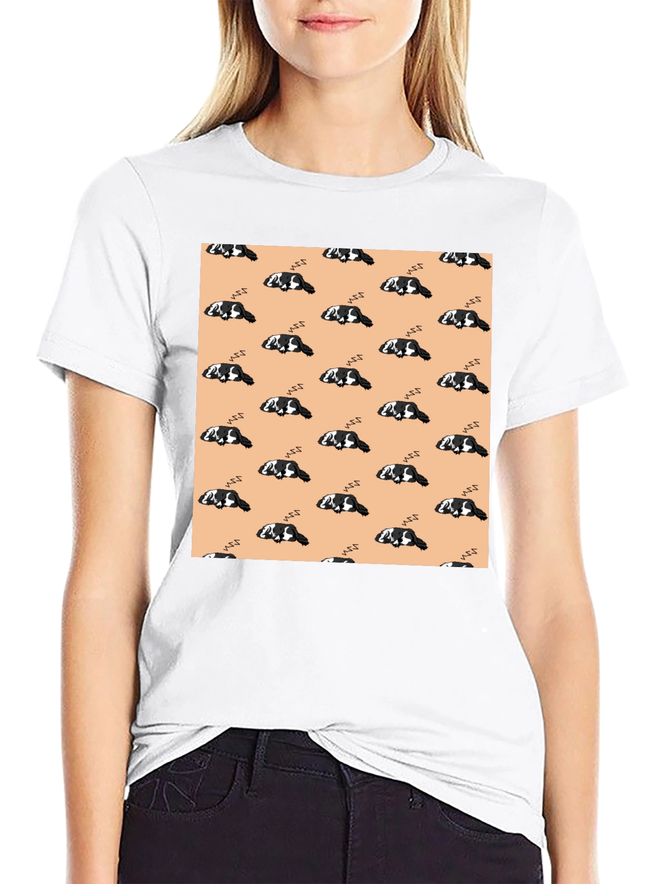Cute Sleeping Dog Pattern Black T-Shirt