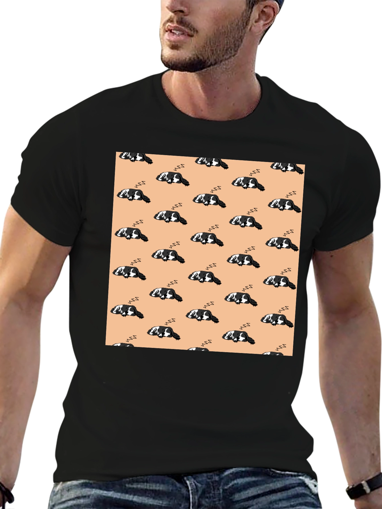 Cute Sleeping Dog Pattern Black T-Shirt