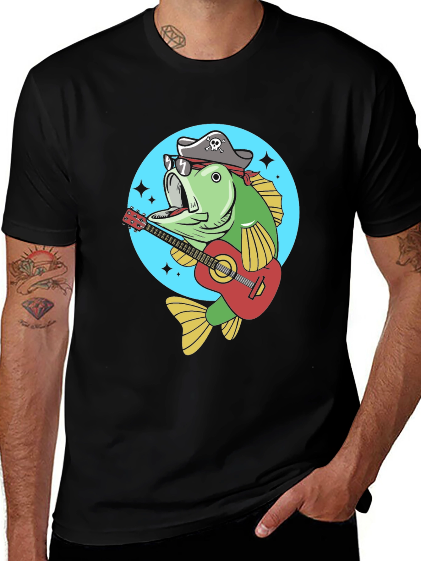 Funny Bass Fish Pirate Guitar T-Shirt