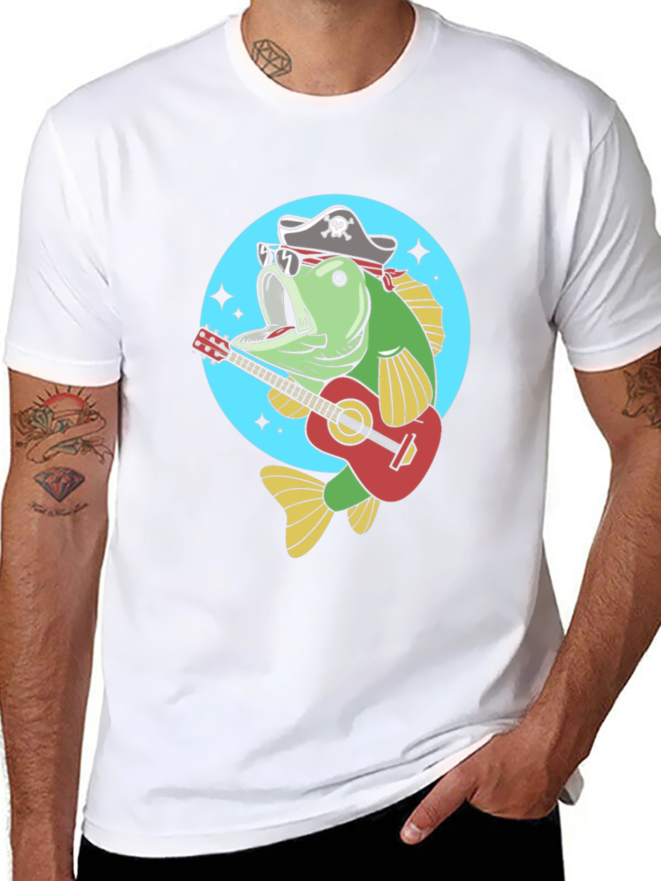 Funny Bass Fish Pirate Guitar T-Shirt