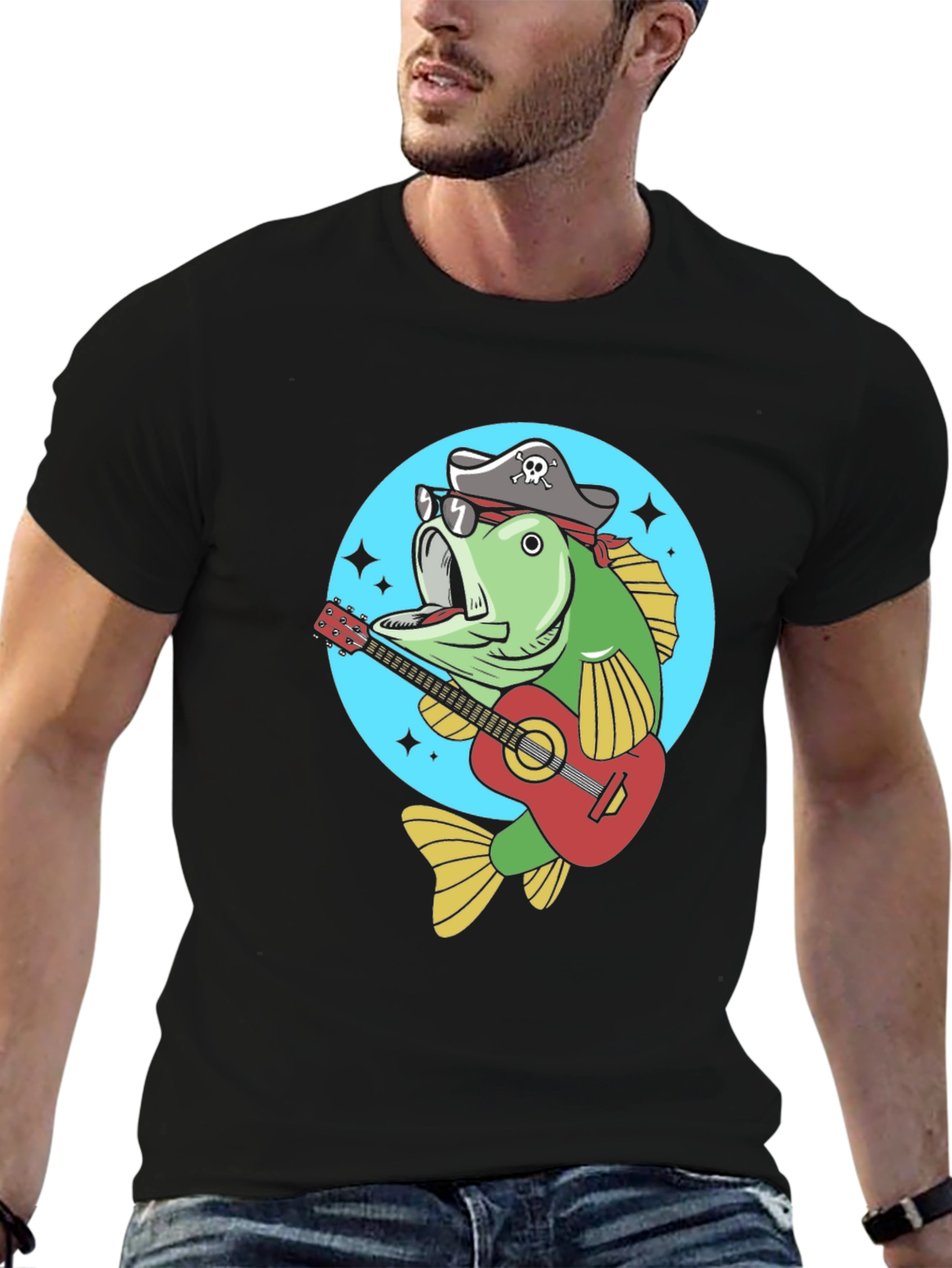 Funny Bass Fish Pirate Guitar T-Shirt