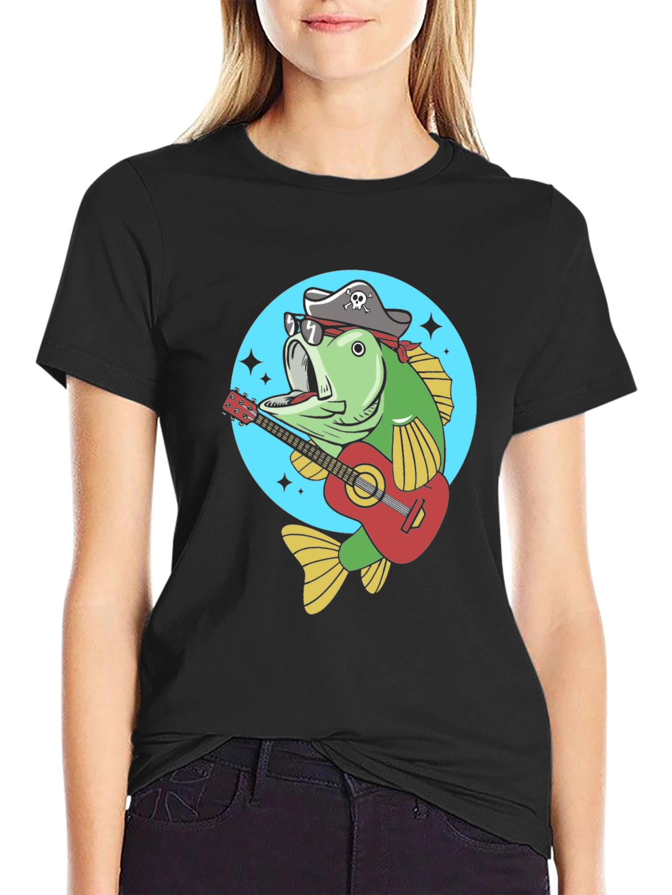 Funny Bass Fish Pirate Guitar T-Shirt