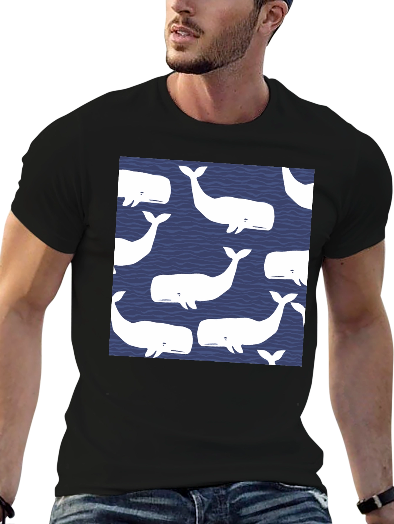 Whale Pattern Black T-Shirt
