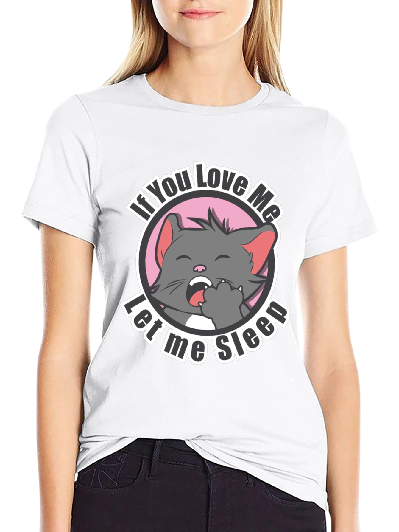 Cute Cat Let Me Sleep Black T-Shirt