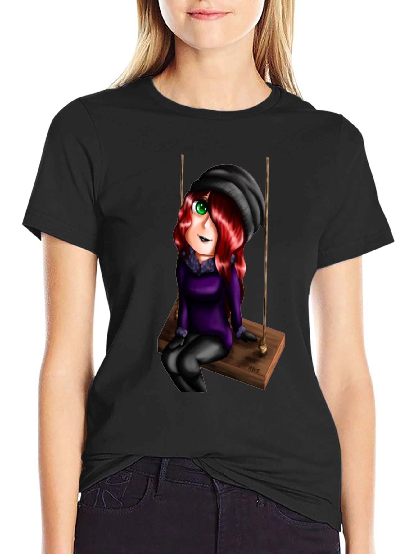 Cartoon Girl on Swing Graphic T-Shirt