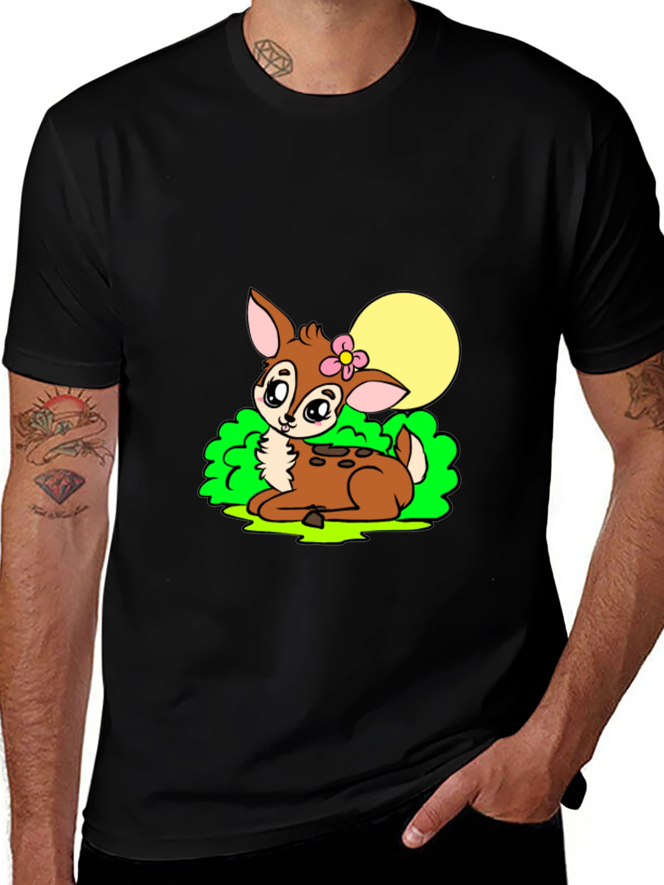 Cute Deer Graphic Tee - Black Cotton Blend Shirt