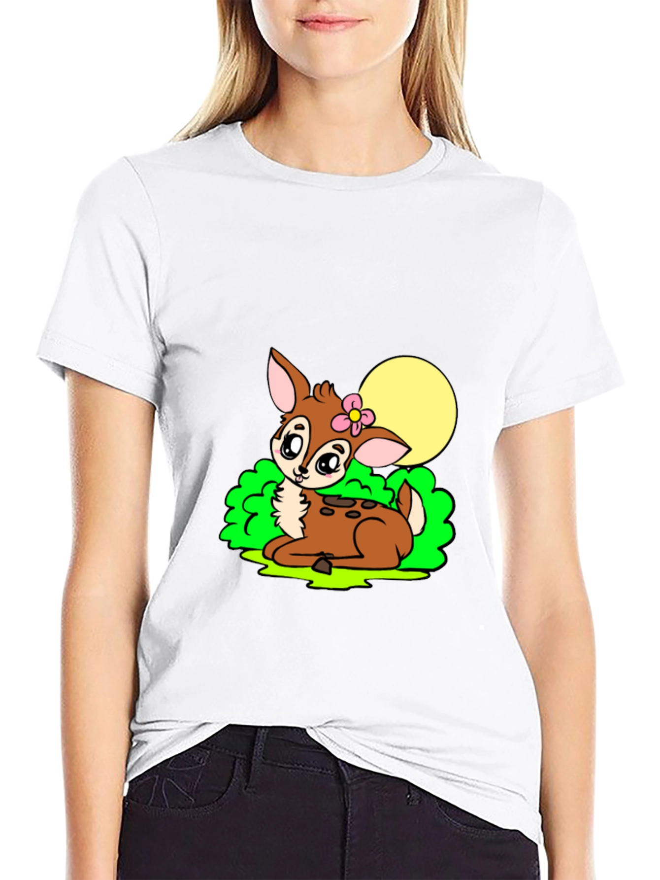Cute Deer Graphic Tee - Black Cotton Blend Shirt
