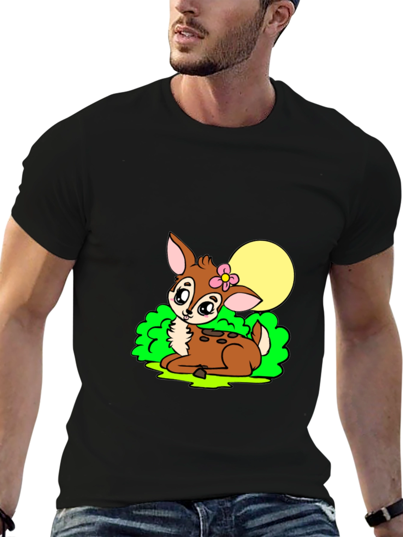 Cute Deer Graphic Tee - Black Cotton Blend Shirt