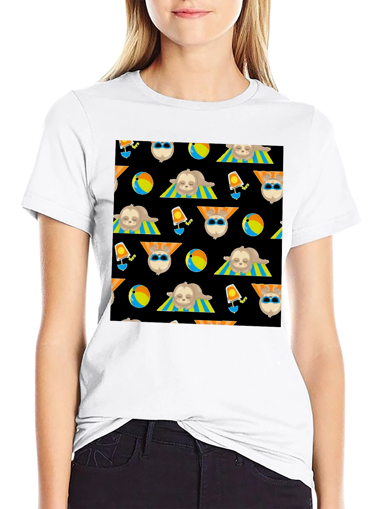Summer Sloth Pattern Black T-Shirt