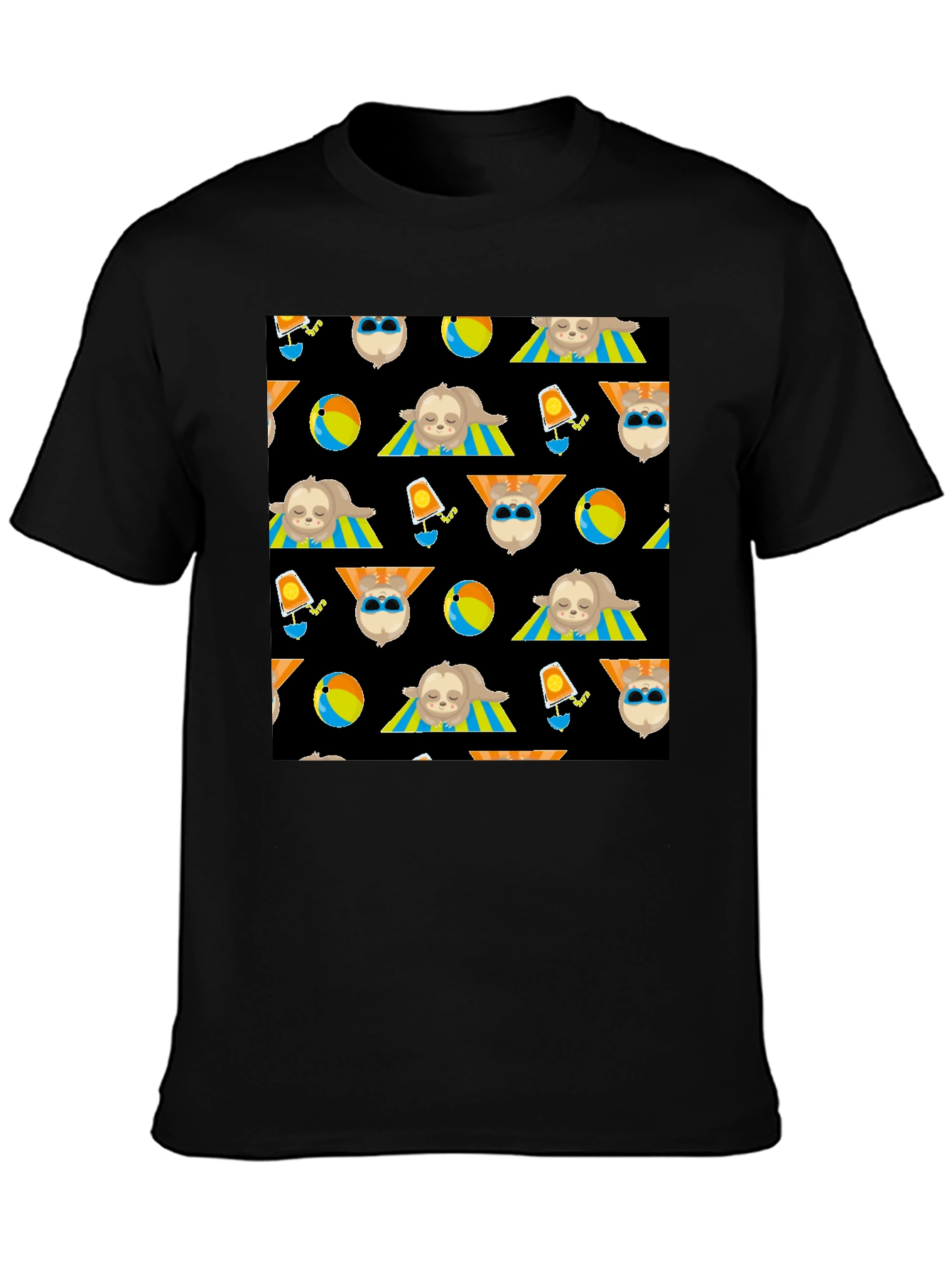 Summer Sloth Pattern Black T-Shirt
