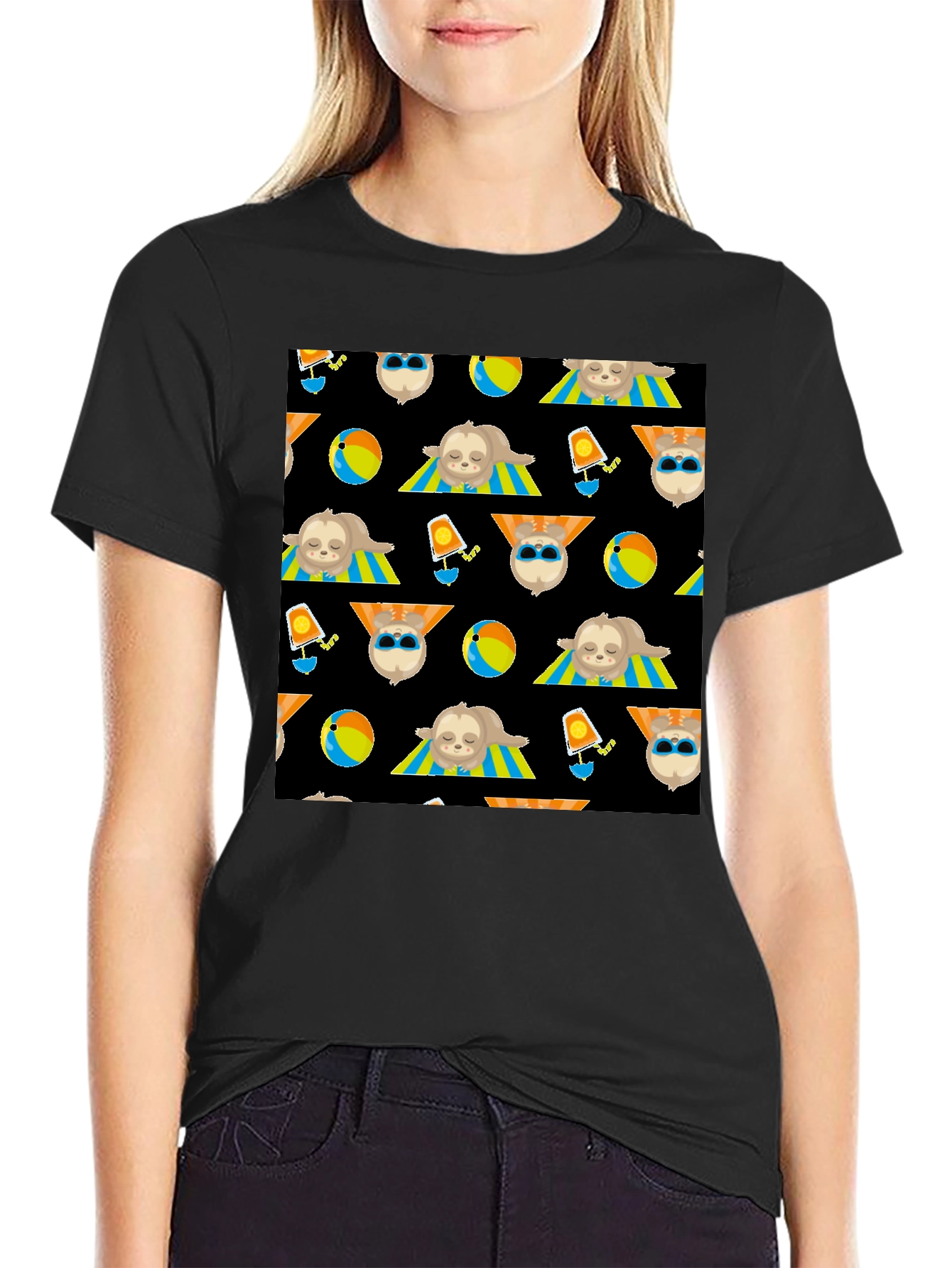 Summer Sloth Pattern Black T-Shirt