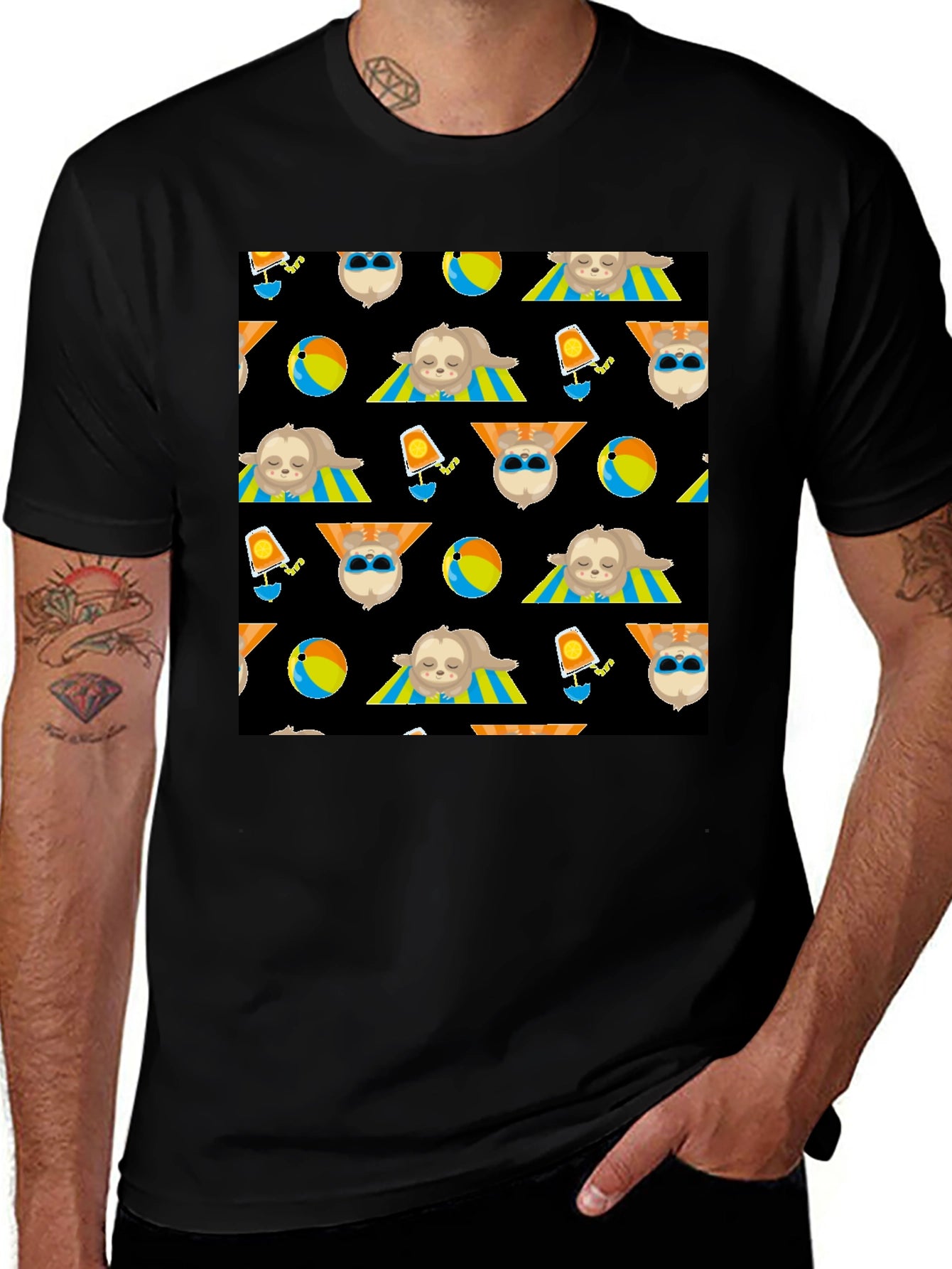 Summer Sloth Pattern Black T-Shirt