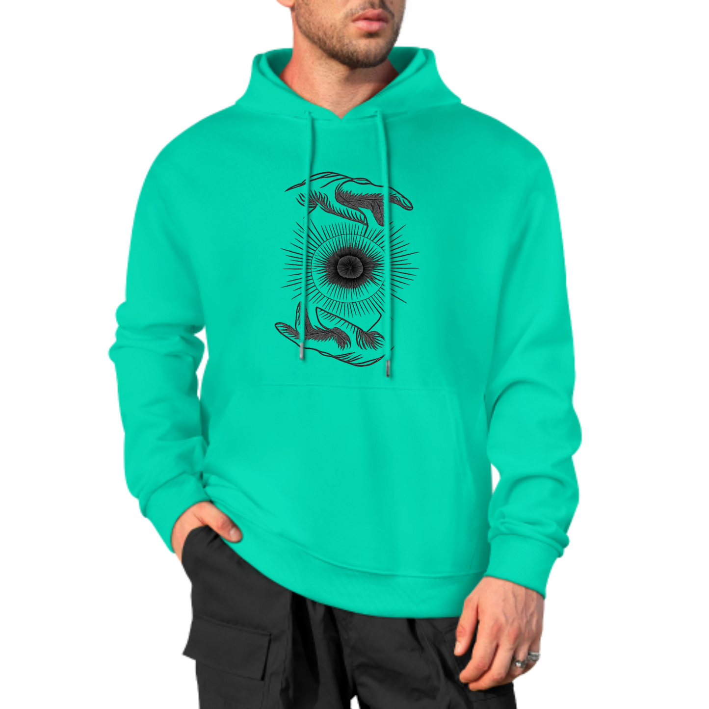 Cosmic Hands Hoodie, Mystical Sun Graphic Sweatshirt, Red Hoodie for Spiritual Vibes, Unisex Casual Wear, Trendy Hoodie with Unique Design