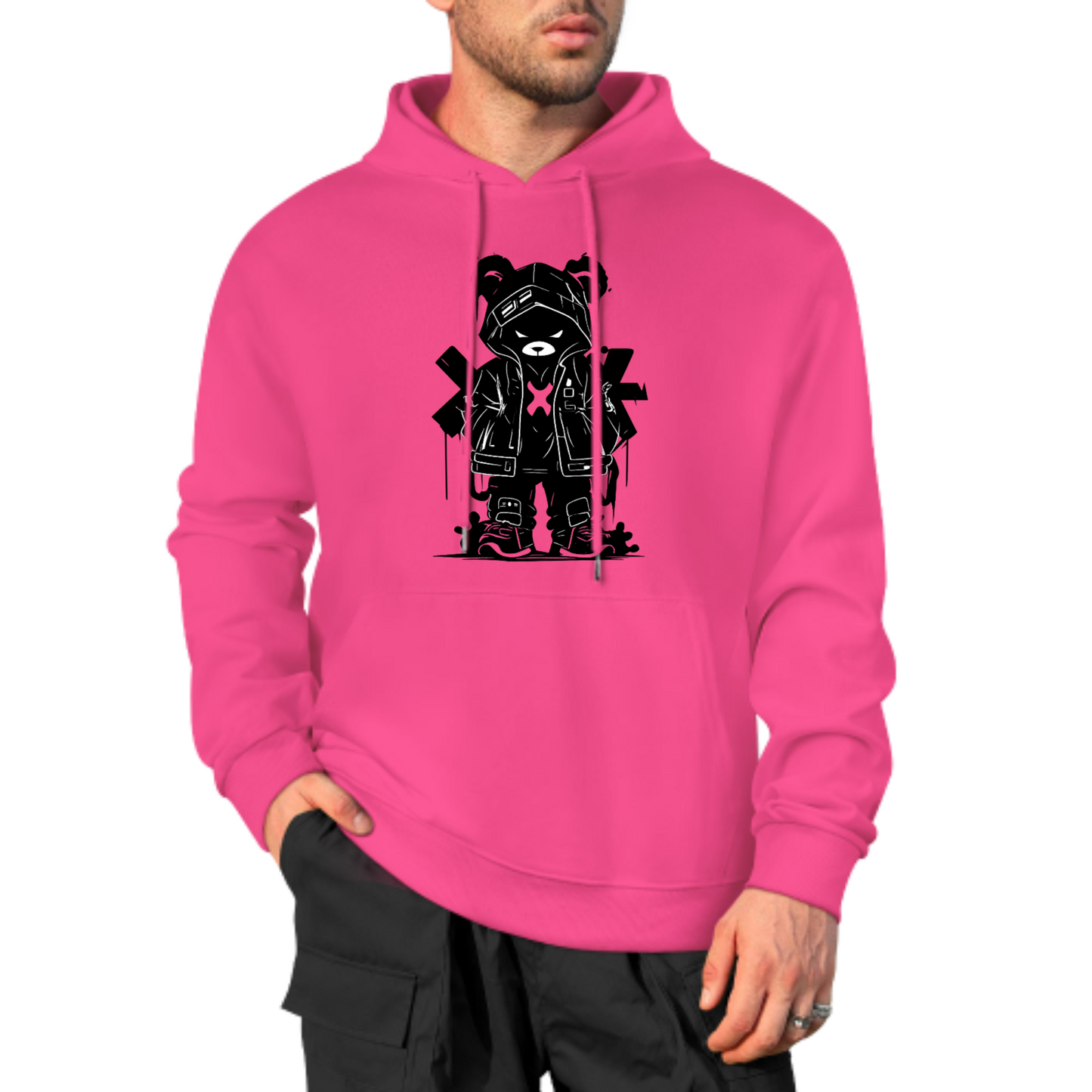 Streetwear Bear Graphic Hoodie, Red Jacket Bear Design Sweatshirt, Trendy Casual Hoodie for Urban Fashion, Unisex Cool Bear Artwork Hoodie